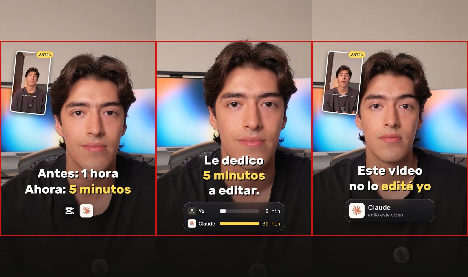 Tres portadas: “Antes: 1 hora, Ahora: 5 minutos”; “Le dedico 5 minutos a editar”; y “Este video no lo edité yo”.