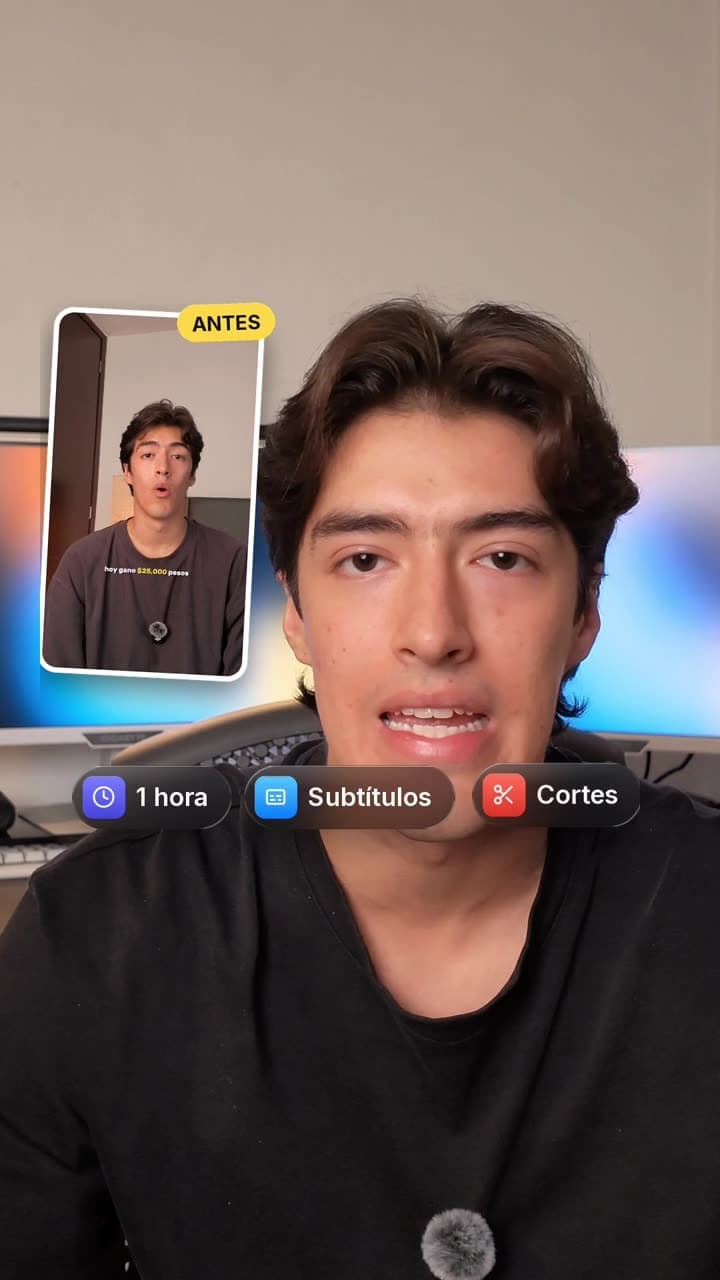 Diego a cámara con su video viejo en una tarjeta marcada ANTES y tres pastillas: 1 hora, Subtítulos, Cortes.