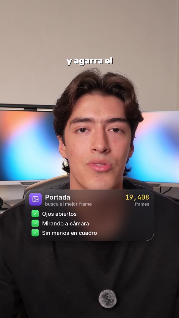 Widget de portada con un contador de frames y tres criterios marcados: ojos abiertos, mirando a cámara, sin manos en cuadro.
