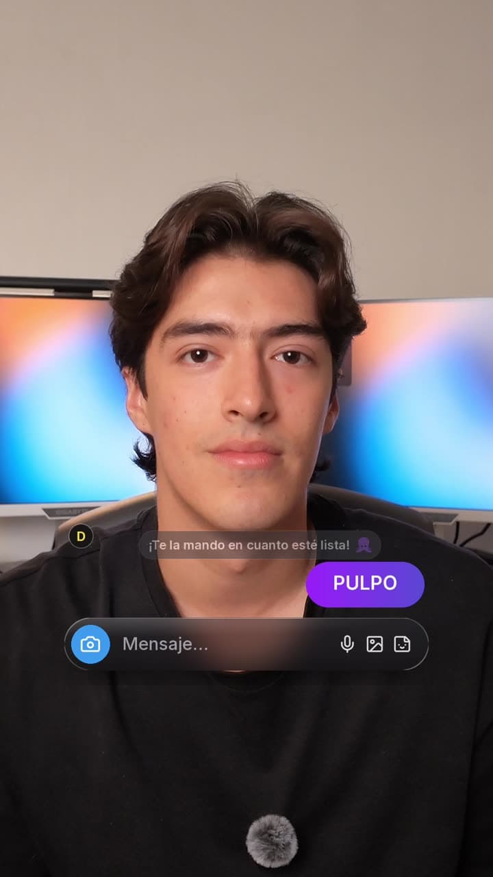 Barra de mensaje directo con la palabra PULPO enviada y la respuesta “¡Te la mando en cuanto esté lista!”.